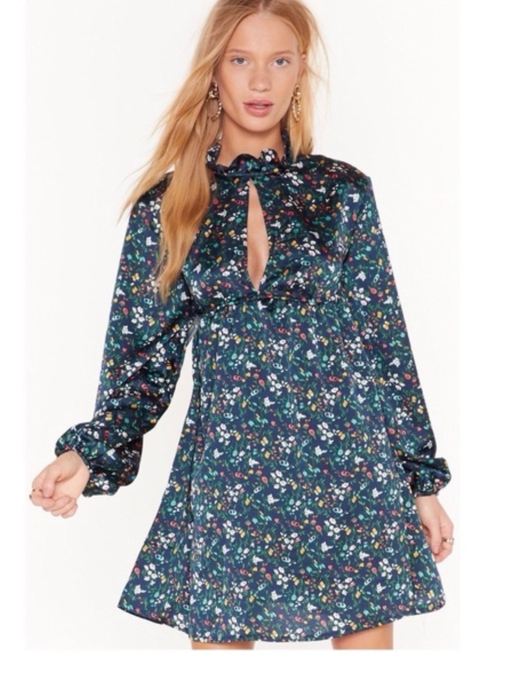 Nasty Gal Dark Green Floral Long Sleeve Dress US 2